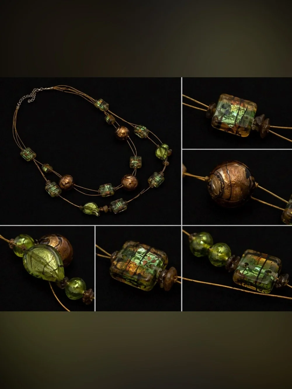 Vintage Green and Gold Murano Glass Bead Necklace